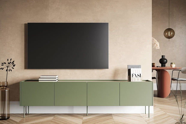 Bogart Comoda TV din pal si metal, cu 4 usi, Desin 220-4D Verde Olive, l220xA40xH60 cm
