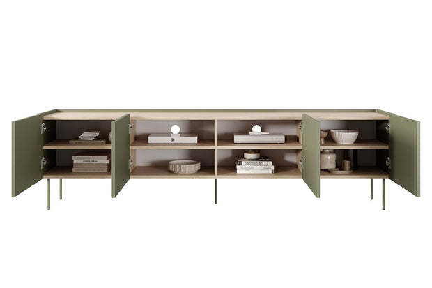 Bogart Comoda TV din pal si metal, cu 4 usi, Desin 220-4D Verde Olive, l220xA40xH60 cm