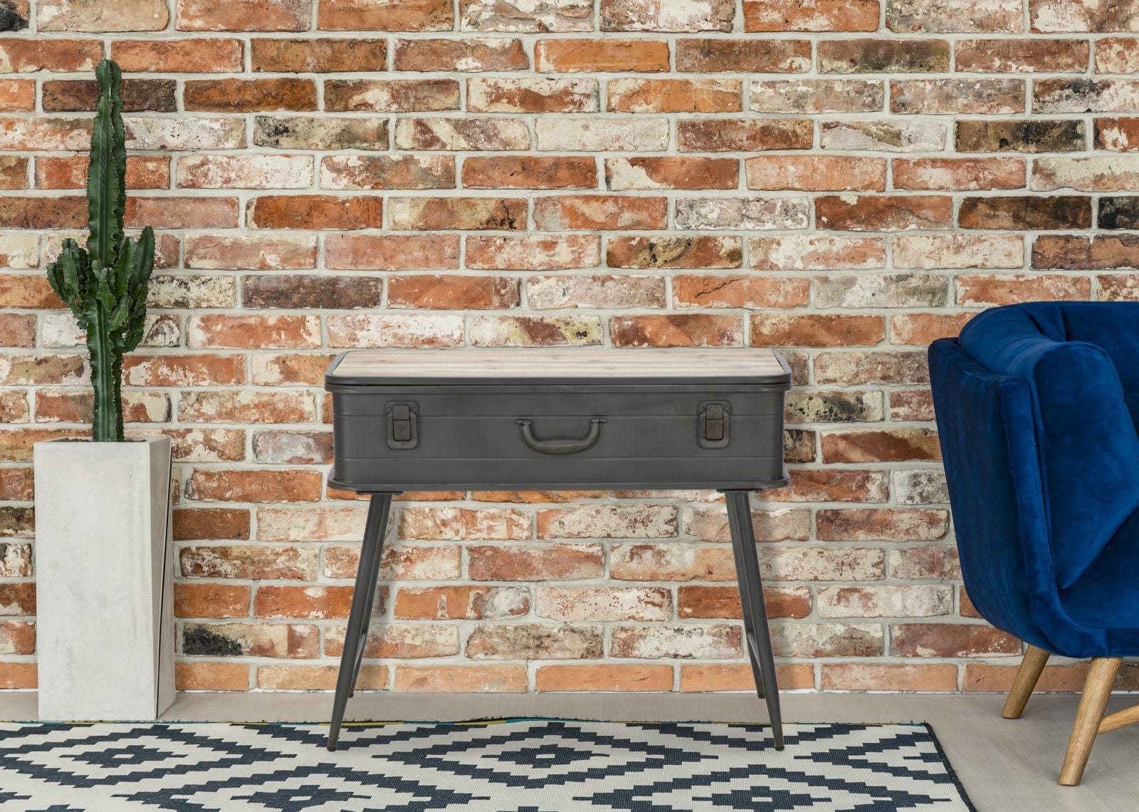 Consola din lemn de brad si metal, cu spatiu de depozitare Industry Natural / Grafit, l80xA35xH67,5 cm (8)