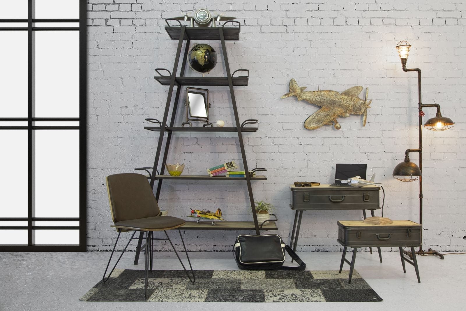 Consola din lemn de brad si metal, cu spatiu de depozitare Industry Natural / Grafit, l80xA35xH67,5 cm (9)