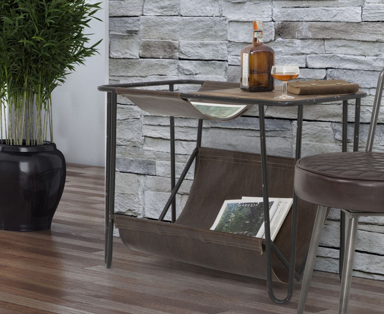 Consola din lemn de brad si metal, cu suport reviste Simply Natural / Negru, l83,5xl42xH61 cm (9)