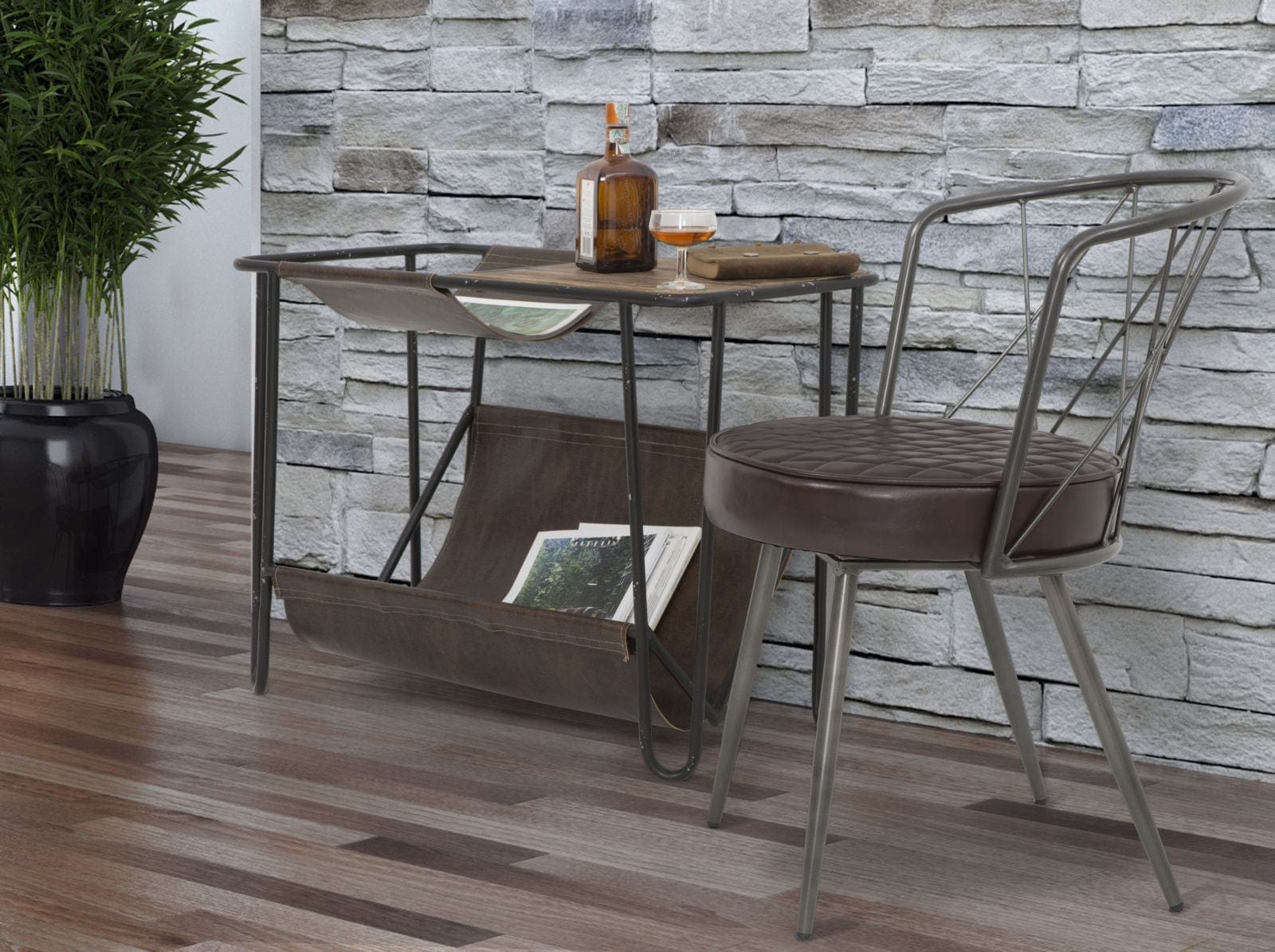 Consola din lemn de brad si metal, cu suport reviste Simply Natural / Negru, l83,5xl42xH61 cm (10)