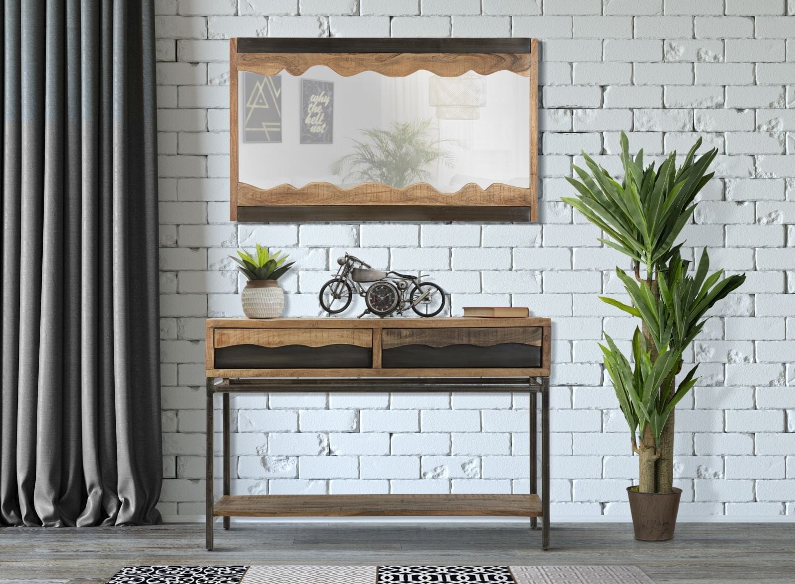 Consola din lemn de salcam si metal, cu 2 sertare, Yellowstone Natural, l118xA40xH80 cm (1)