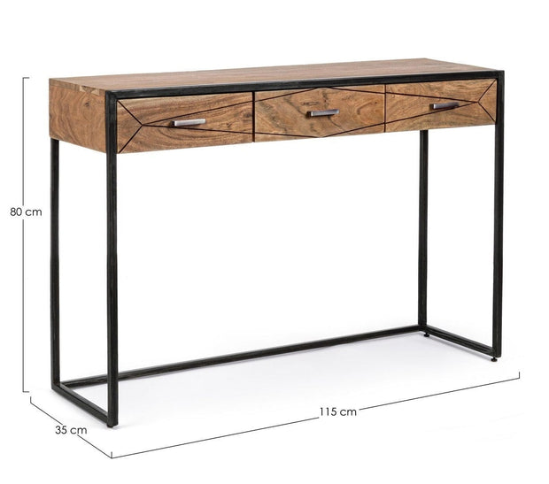 Consola din lemn de salcam si metal, cu 3 sertare, Egon Natural / Negru, l115xA35xH80 cm (6)