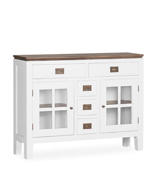 Consola din lemn si furnir, cu 5 sertare si 2 usi, Everest Small Alb / Maro, l105xA28xH80 cm