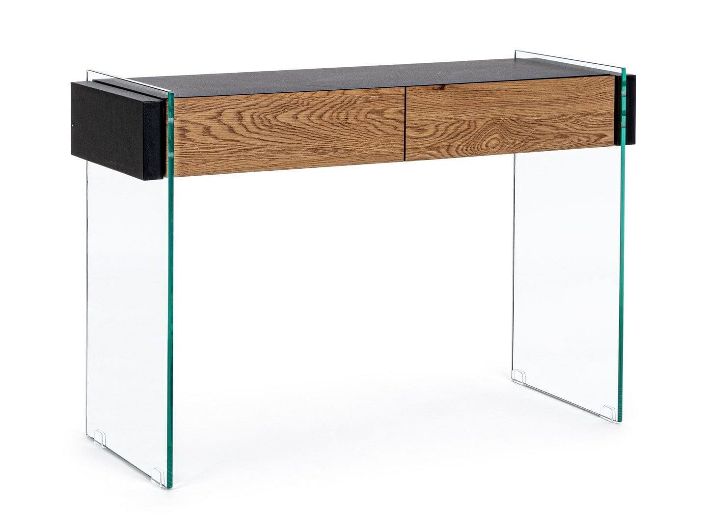 Consola din sticla si MDF, cu 2 sertare, Line Transparent / Negru / Natural, l110xA40xH75 cm