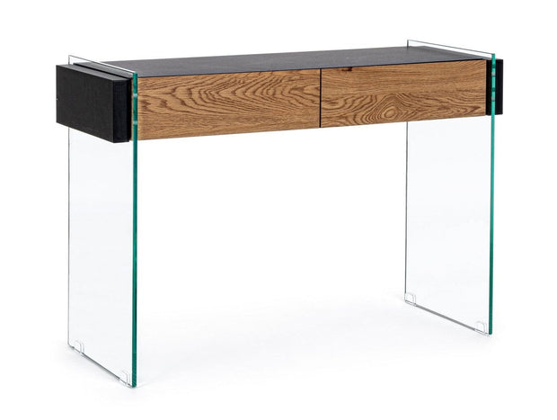 Consola din sticla si MDF, cu 2 sertare, Line Transparent / Negru / Natural, l110xA40xH75 cm
