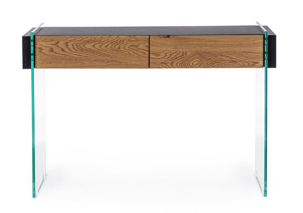 Consola din sticla si MDF, cu 2 sertare, Line Transparent / Negru / Natural, l110xA40xH75 cm (1)
