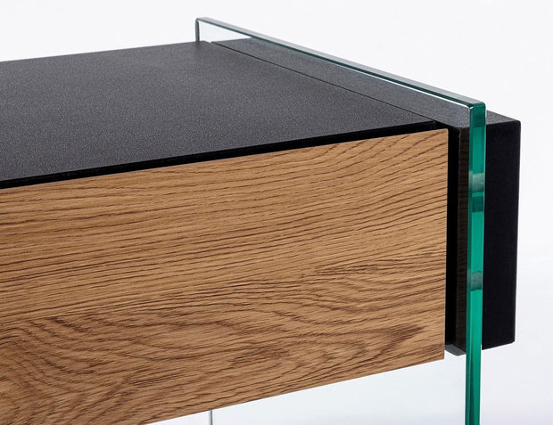 Consola din sticla si MDF, cu 2 sertare, Line Transparent / Negru / Natural, l110xA40xH75 cm (4)