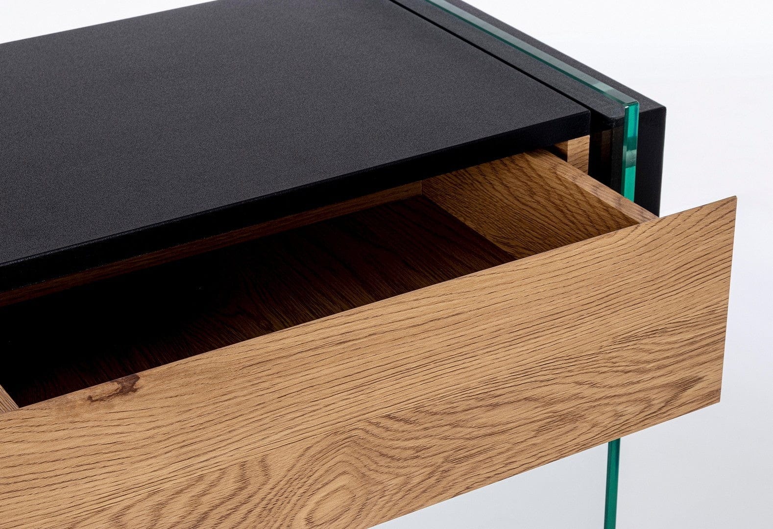 Consola din sticla si MDF, cu 2 sertare, Line Transparent / Negru / Natural, l110xA40xH75 cm (5)