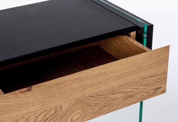 Consola din sticla si MDF, cu 2 sertare, Line Transparent / Negru / Natural, l110xA40xH75 cm (5)
