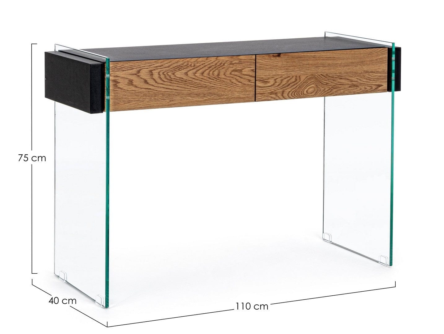 Consola din sticla si MDF, cu 2 sertare, Line Transparent / Negru / Natural, l110xA40xH75 cm (7)