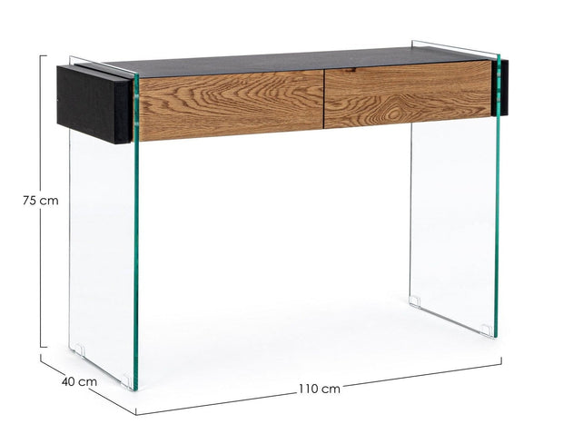 Consola din sticla si MDF, cu 2 sertare, Line Transparent / Negru / Natural, l110xA40xH75 cm (7)