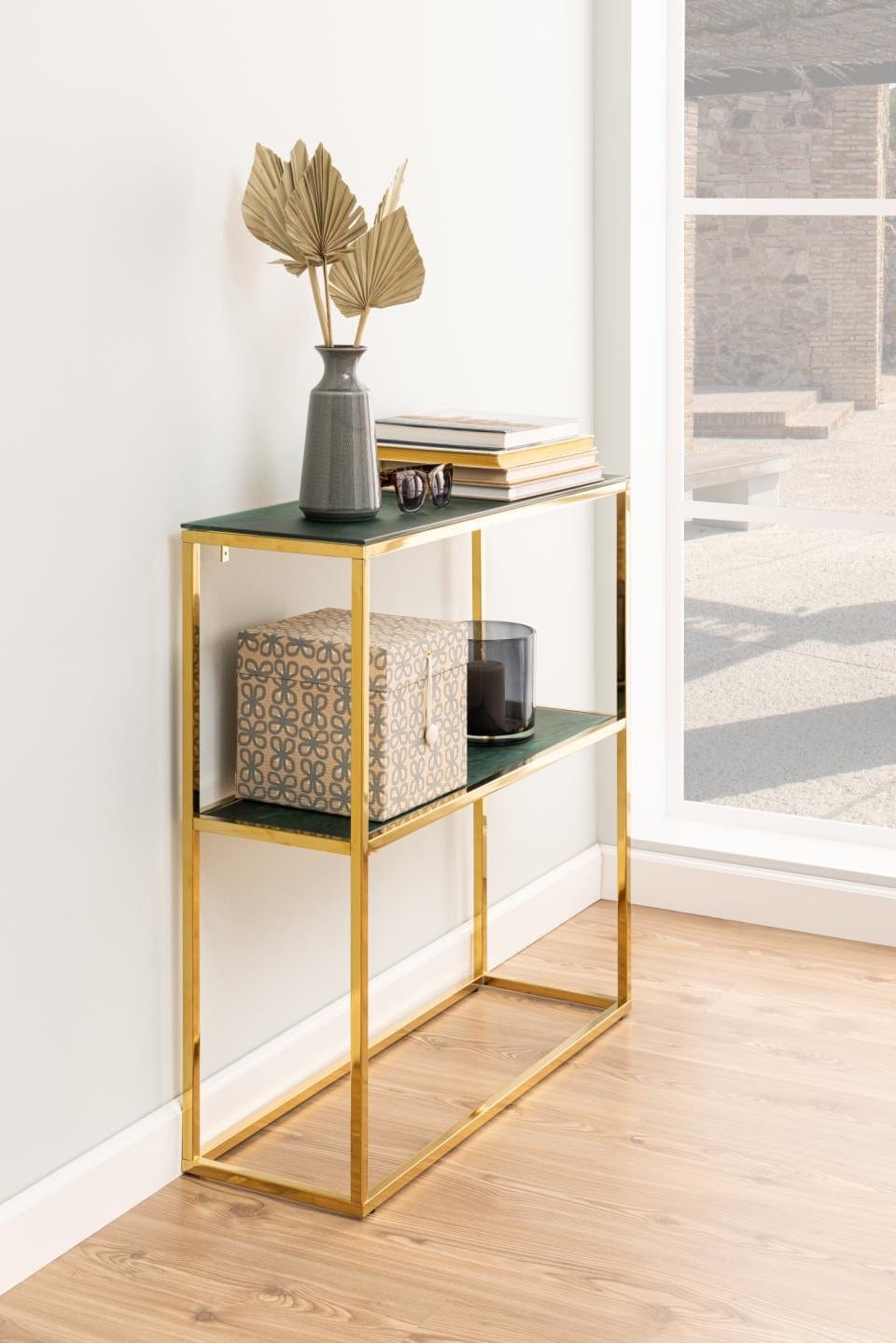 Consola din sticla si metal, Alisma Verde Inchis / Auriu, l79,5xA26xH80,5 cm (1)