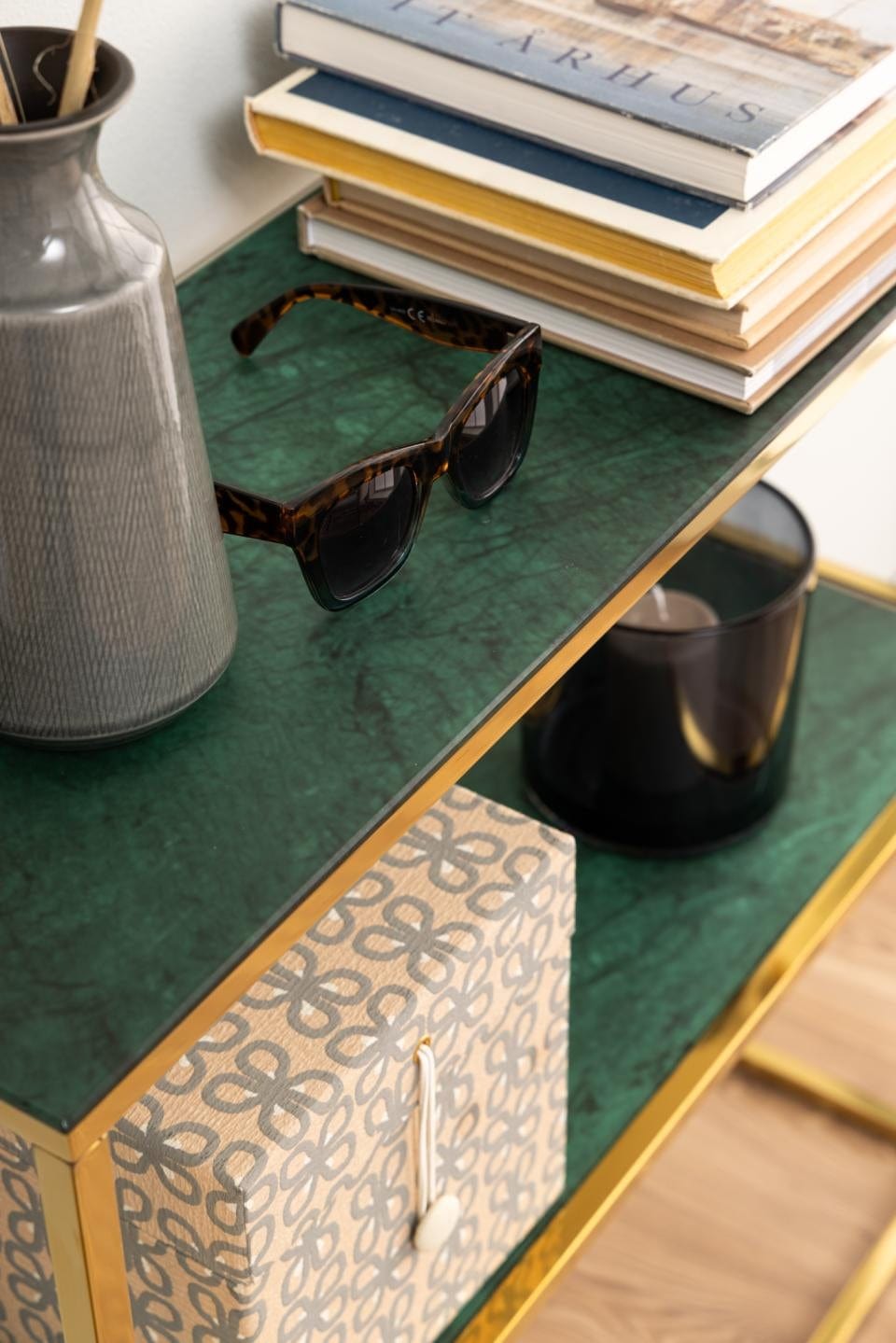 Consola din sticla si metal, Alisma Verde Inchis / Auriu, l79,5xA26xH80,5 cm (2)