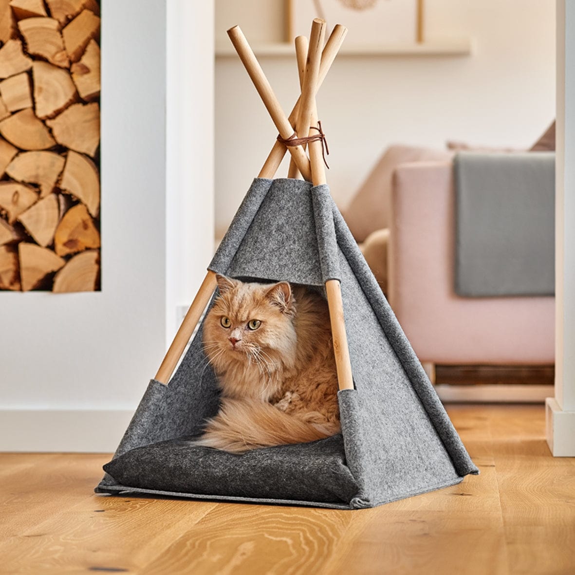 Cort de joaca pentru pisici, din pasla si lemn, Tipi Cat Gri, L44xl42xH45-68 cm (2)