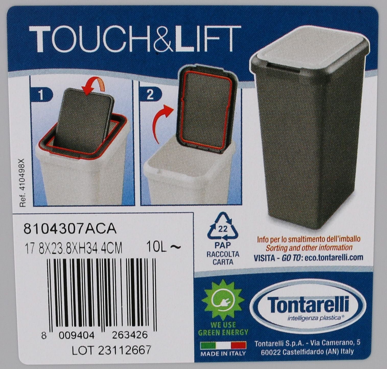 Inde Soler Hispania Cos de gunoi din plastic, Touch&Lift Gri, 10L, l17,8xA23,8xH34,4 cm