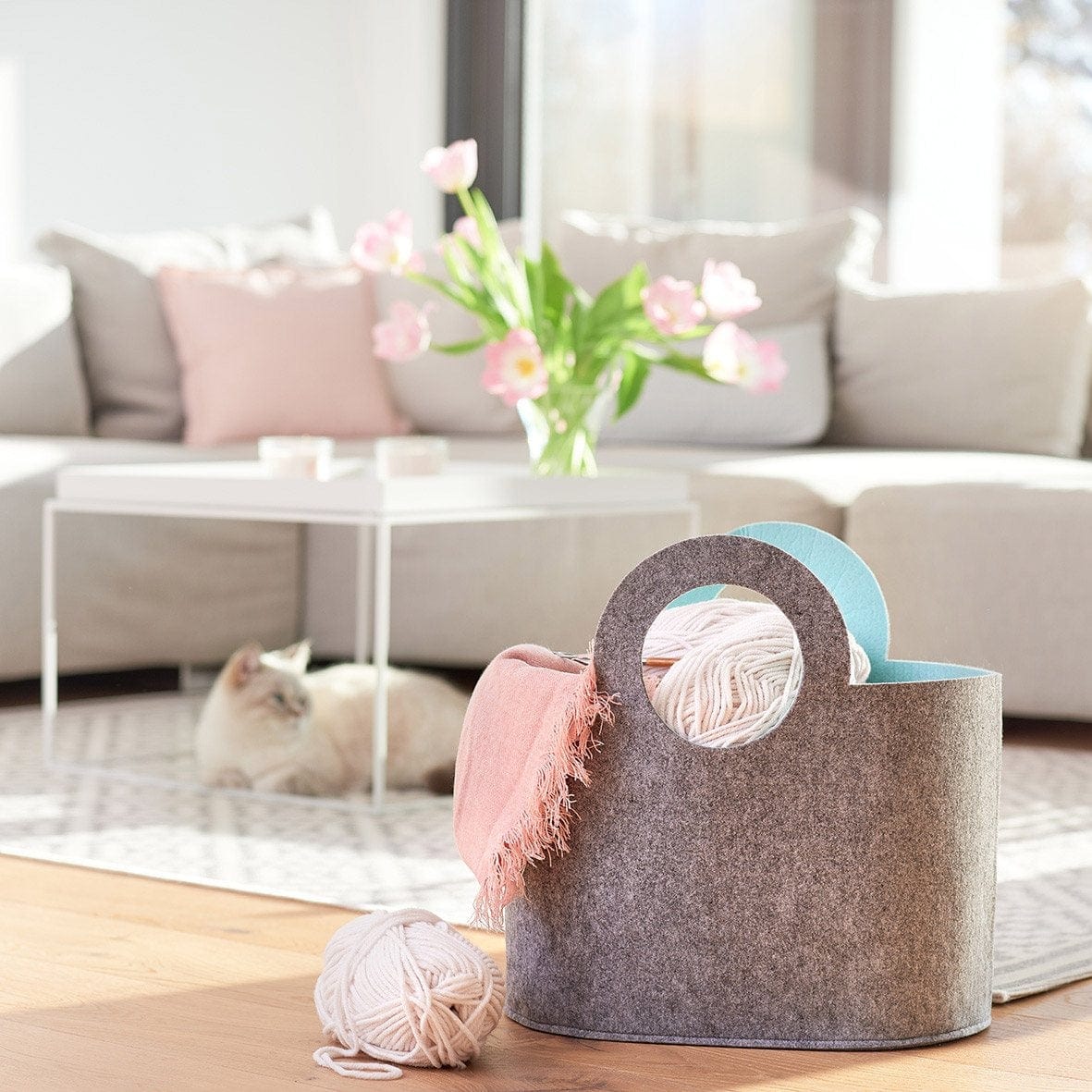 BFSummer Cos pentru depozitare si organizare cu manere, din pasla Tone Gri Deschis, L40xl25xH40 cm