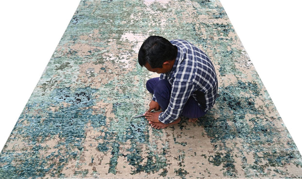 Bhadohi Covor innodat manual din lana, bumbac si matase de bambus, tesatura indo tibetana, Radiance RD-56 Verde / Multicolor