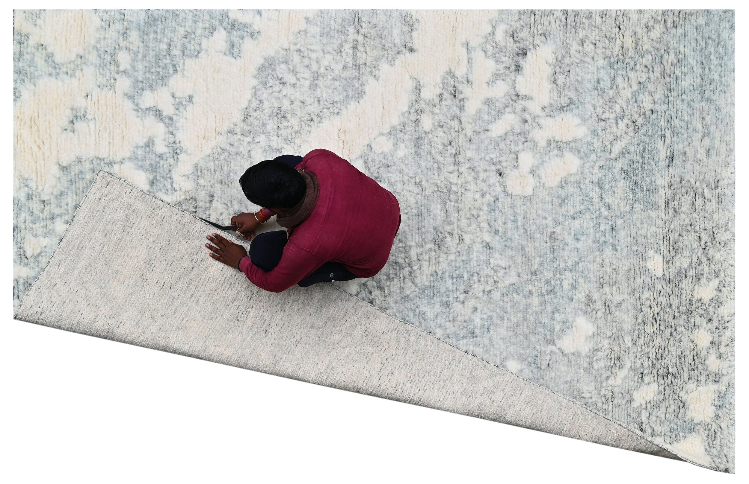 Bhadohi Covor innodat manual din lana si bumbac, tesatura persana, Zen ZN-72 Gri / Bleu