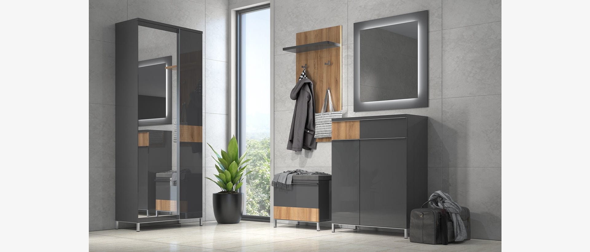 Cuier cu etajera, din pal, Onyx CLK  Antracit / Nuc Pacific, l56xA22xH109 cm (1)