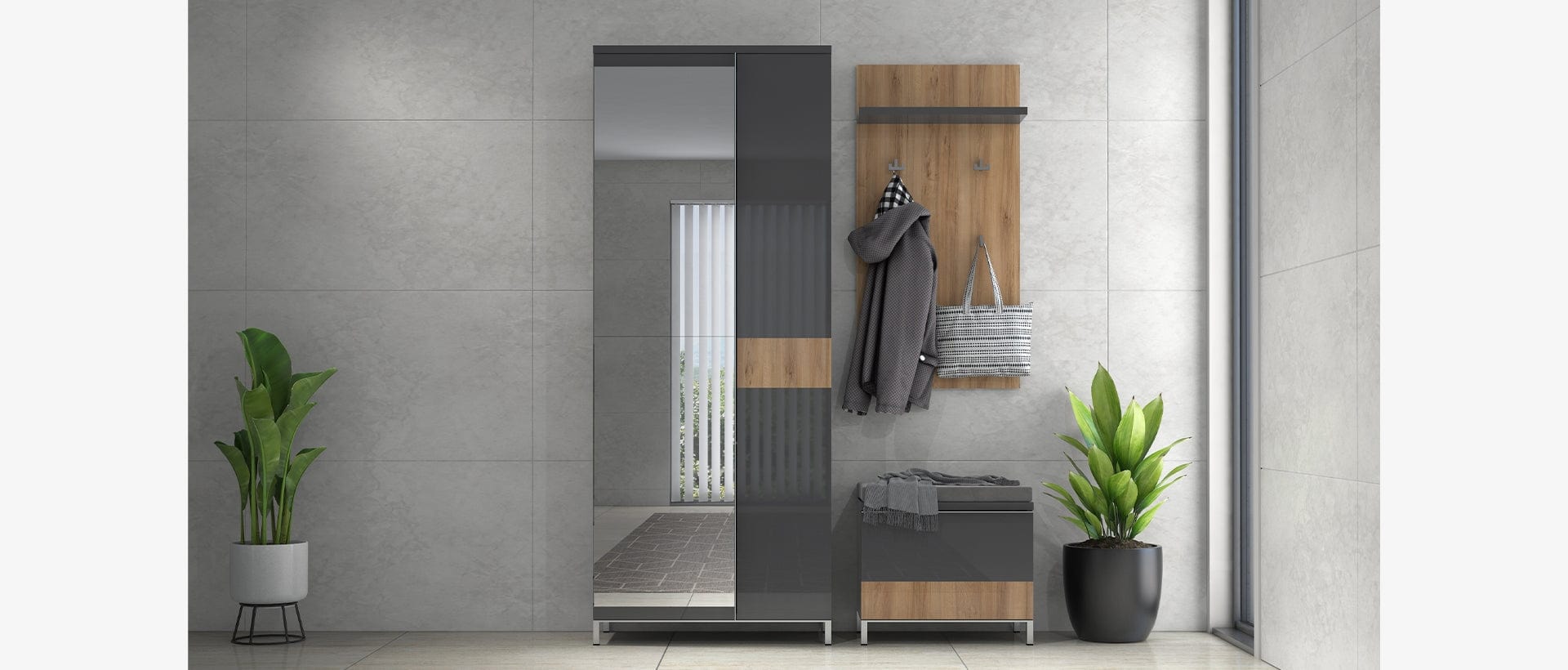 Cuier cu etajera, din pal, Onyx CLK  Antracit / Nuc Pacific, l56xA22xH109 cm (2)