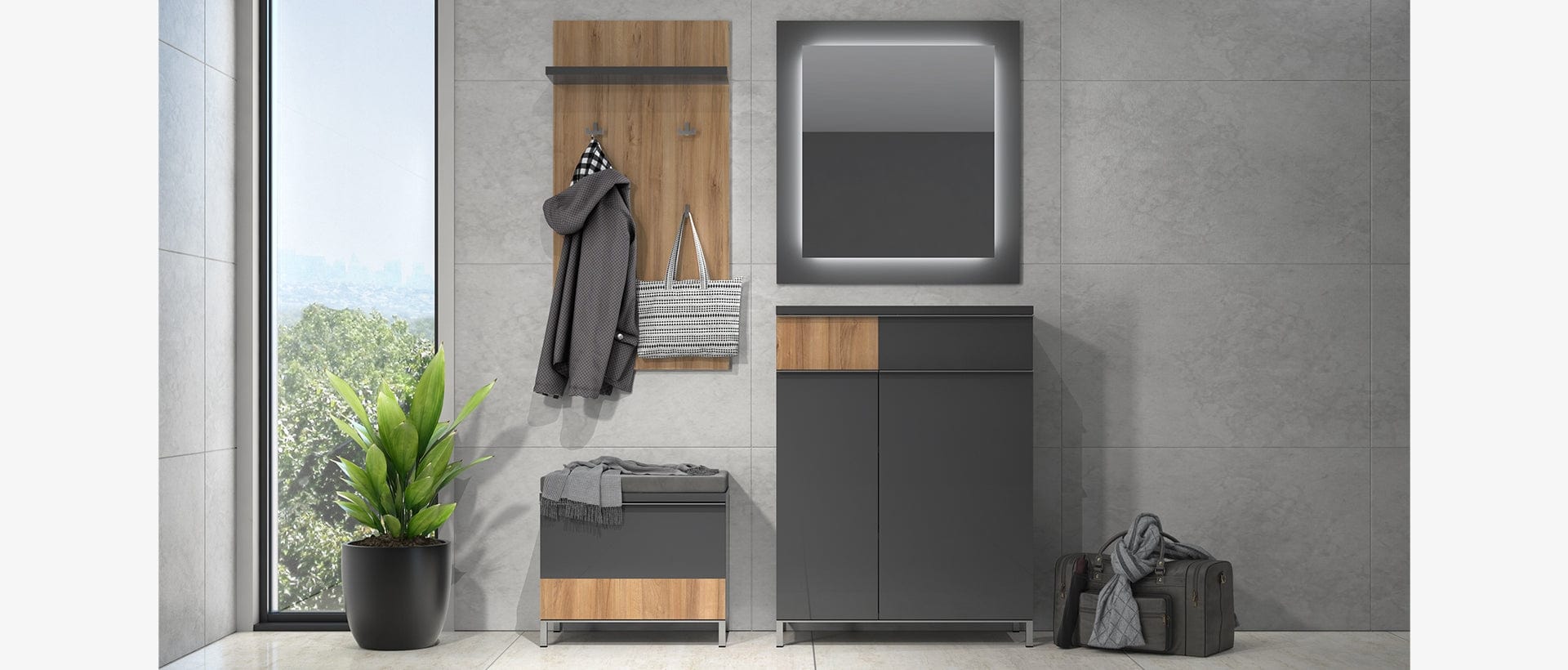 Cuier cu etajera, din pal, Onyx CLK  Antracit / Nuc Pacific, l56xA22xH109 cm (3)