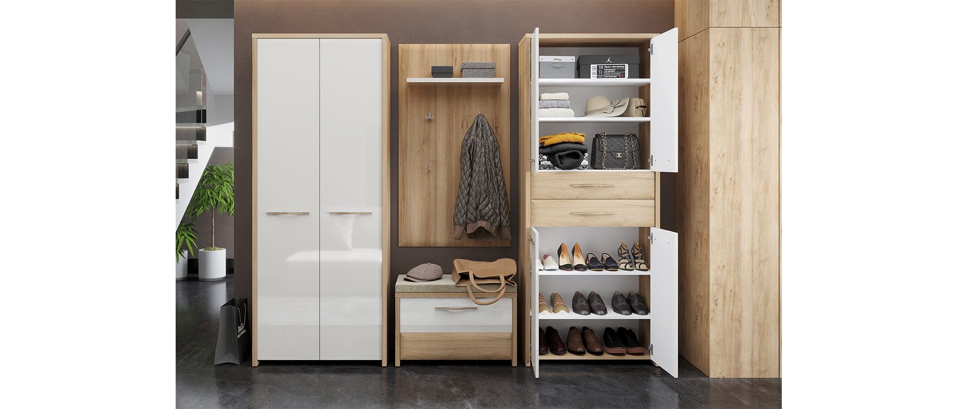 Cuier cu etajera, din pal si MDF, Gala Bej / Nuc Pacific, l70xA22xH128 cm (2)