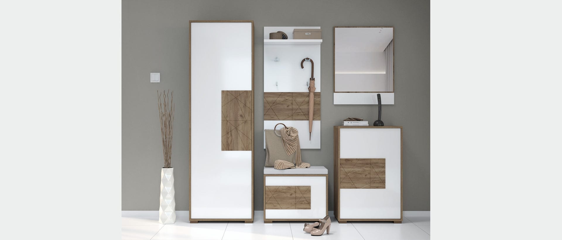 Cuier cu etajera, din pal si MDF, Stela CLK Alb / Stejar Tobacco, l59xA22xH126 cm (3)