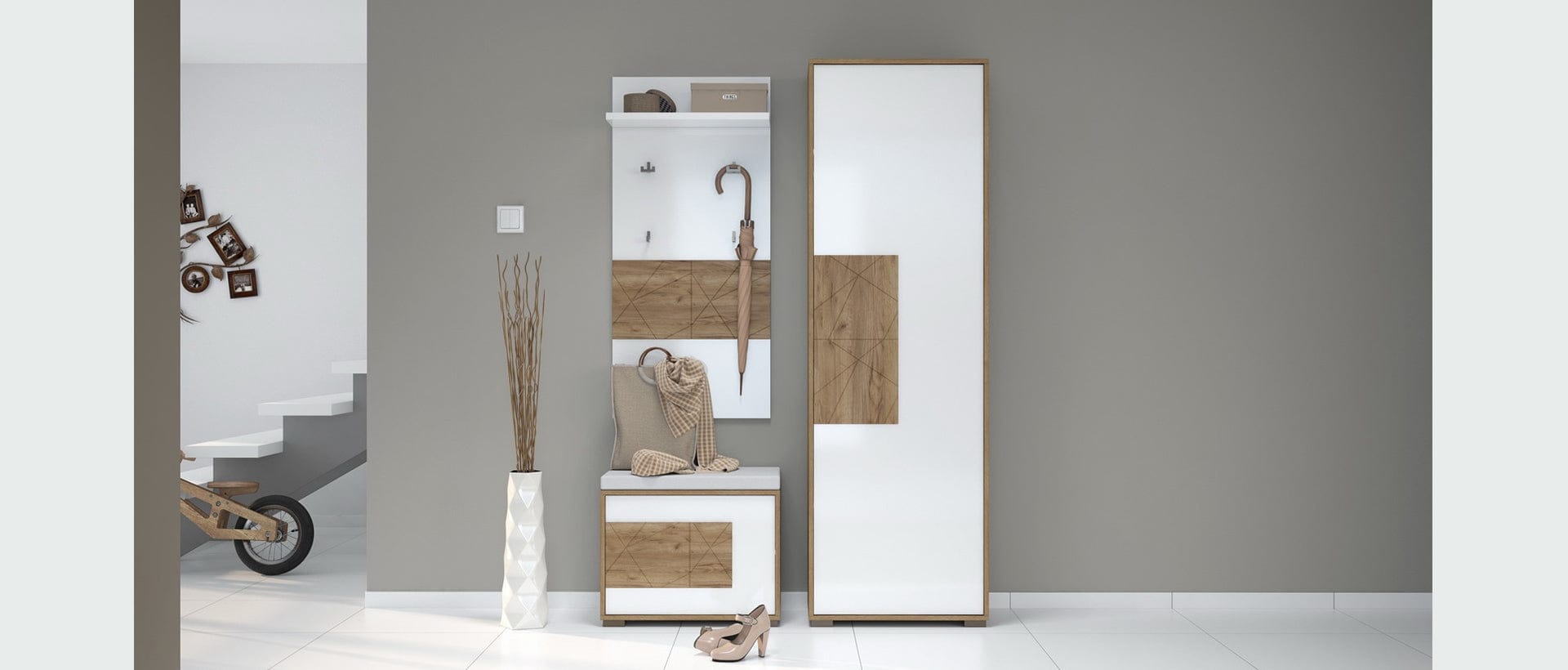 Cuier cu etajera, din pal si MDF, Stela CLK Alb / Stejar Tobacco, l59xA22xH126 cm (5)