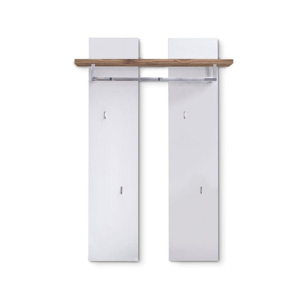 Cuier cu sina si etajera din MDF si metal, Romina Alb / Stejar, l91xA25xH135 cm