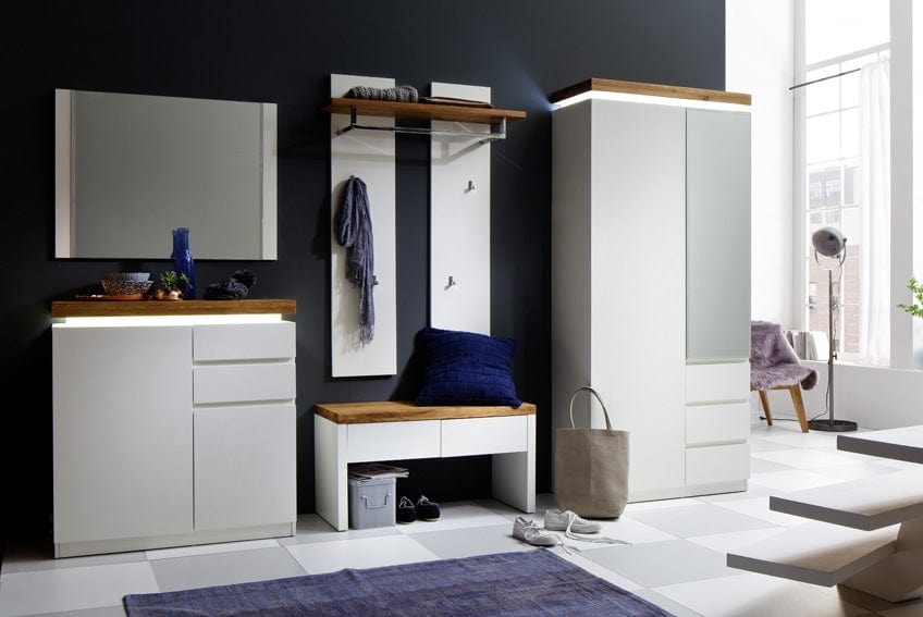 Cuier cu sina si etajera din MDF si metal, Romina Alb / Stejar, l91xA25xH135 cm (2)