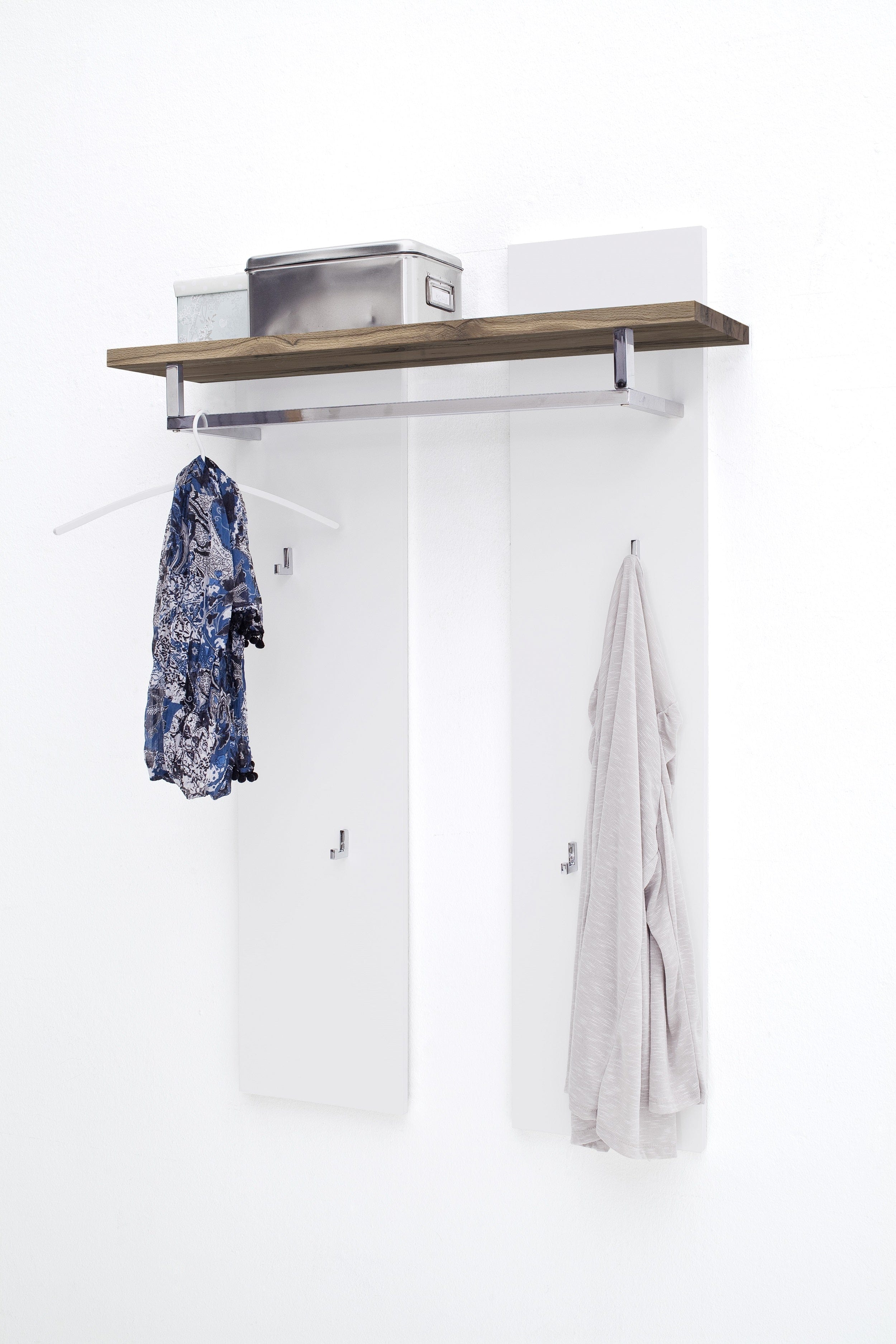 Cuier cu sina si etajera din MDF si metal, Romina Alb / Stejar, l91xA25xH135 cm (5)