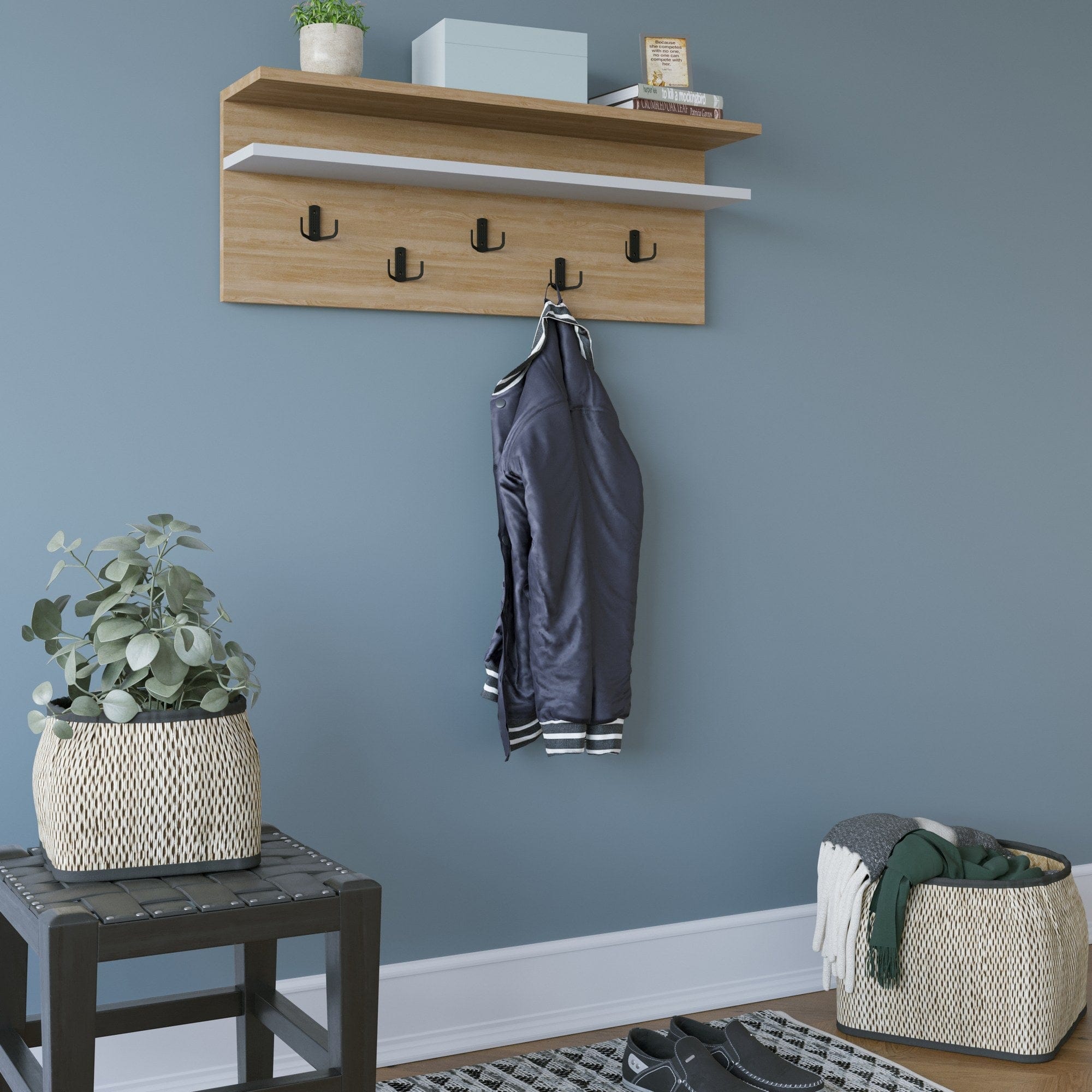 Cuier suspendat cu etajera din pal, Rolker Stejar / Alb, l90xA19,6xH31,4 cm (1)