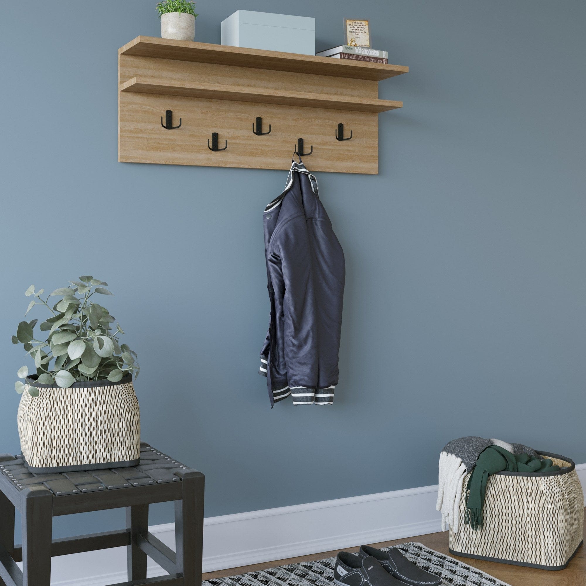 Cuier suspendat cu etajera din pal, Rolker Stejar, l90xA19,6xH31,4 cm (1)