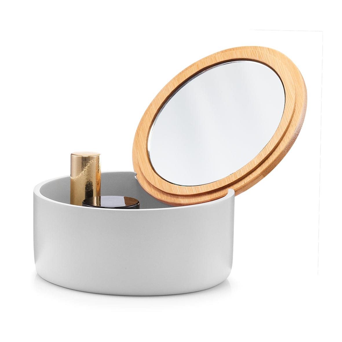 BFSummer Cutie pentru cosmetice din polirasina, cu oglinda, Pastel Grey, Ø 13,3xH6,5 cm