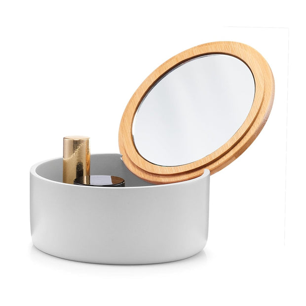 BFSummer Cutie pentru cosmetice din polirasina, cu oglinda, Pastel Grey, Ø 13,3xH6,5 cm