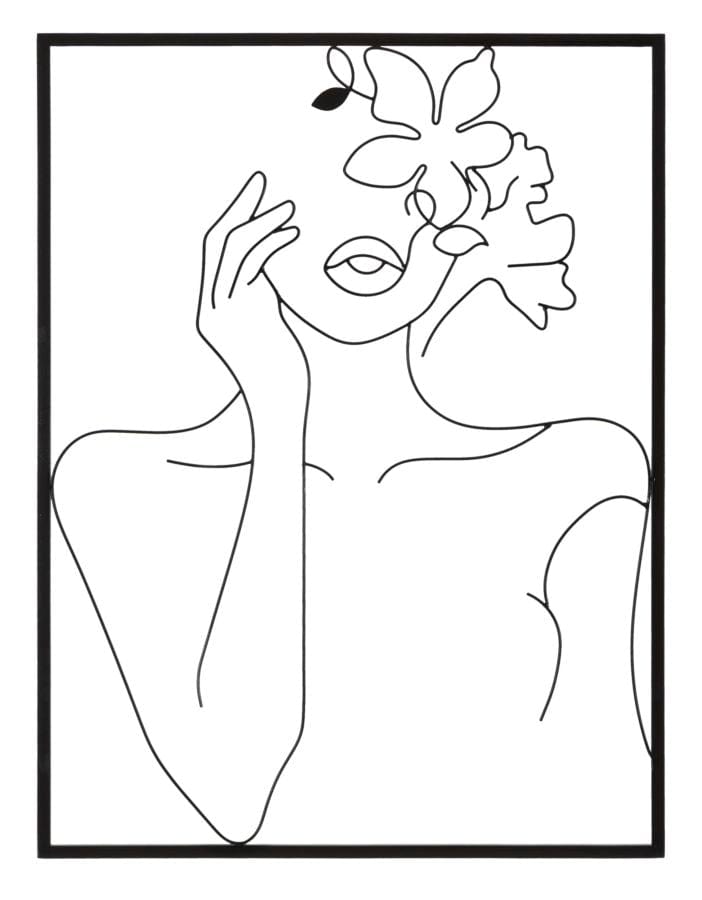 Decoratiune de perete din metal, Woman With Flowers Negru, l60xA1xH80 cm