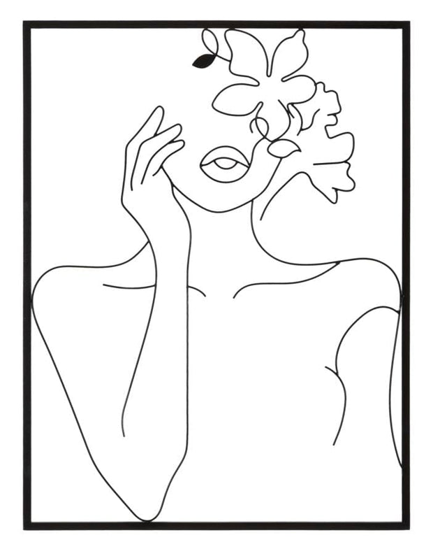 Decoratiune de perete din metal, Woman With Flowers Negru, l60xA1xH80 cm