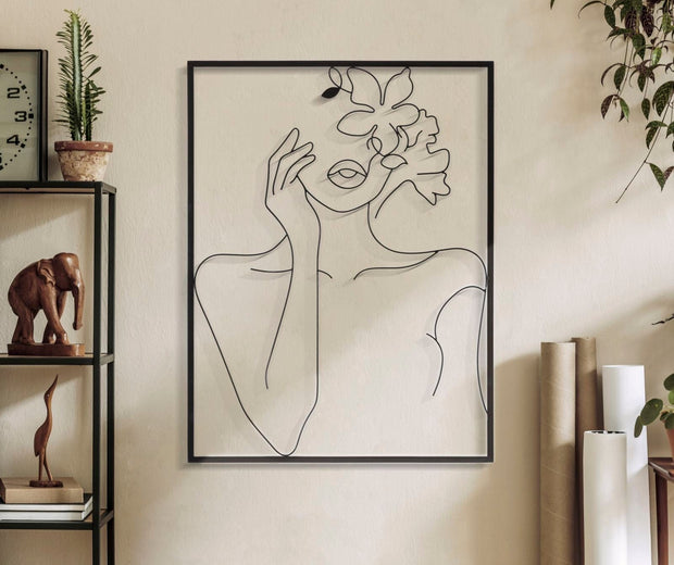 Decoratiune de perete din metal, Woman With Flowers Negru, l60xA1xH80 cm (4)