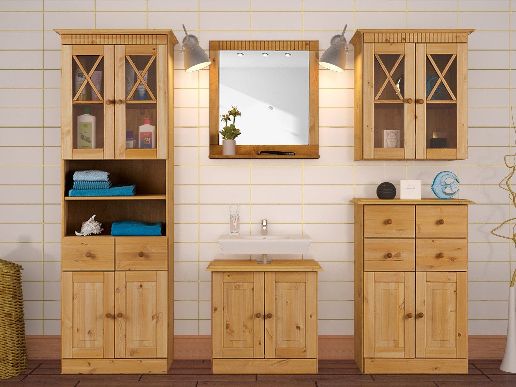 Dorel Home Dulap baie lemn de pin, cu 4 sertare si 2 usi Cornelia Natural, L60xl30xH90 cm