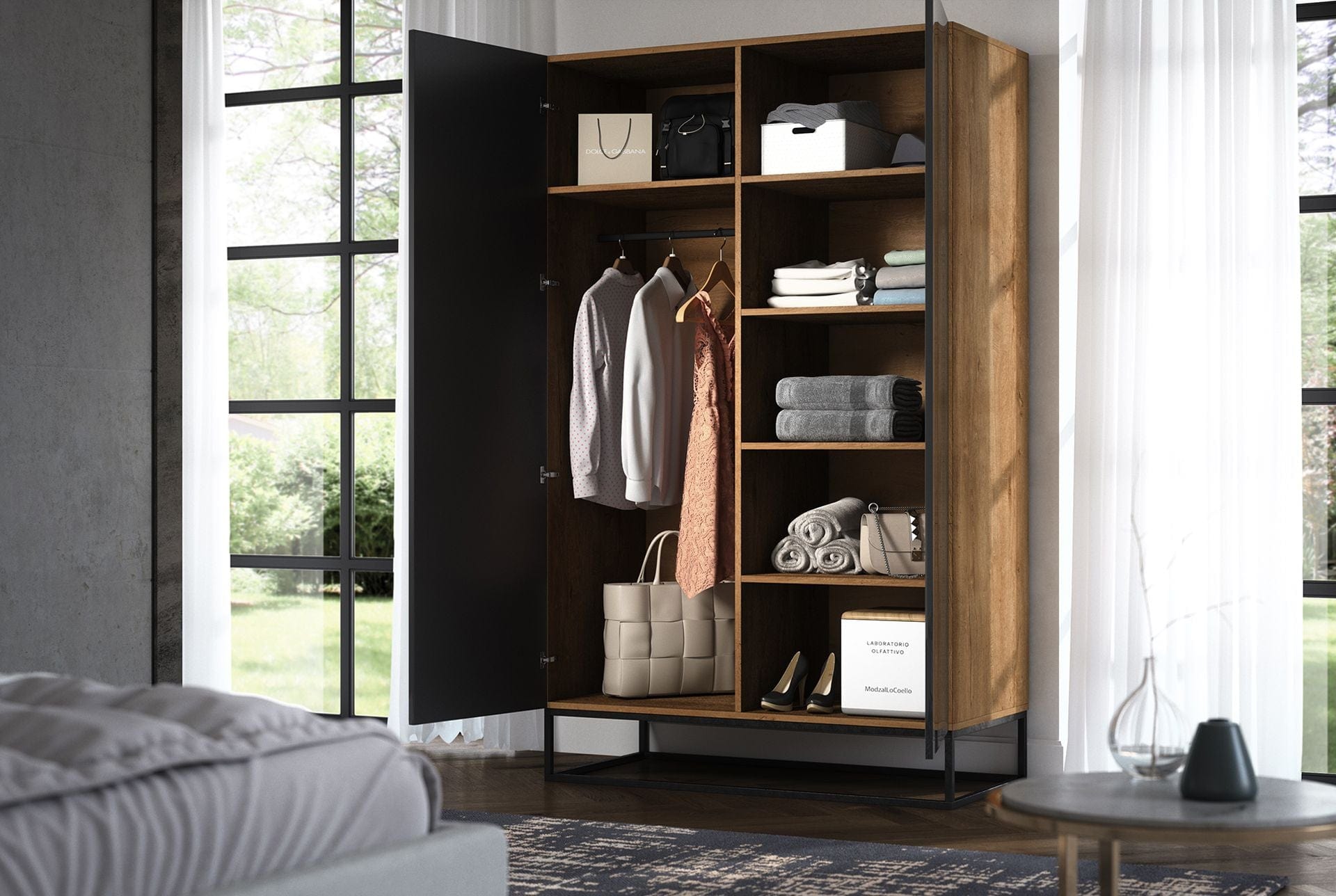 Eltap Dulap din MDF, cu 2 usi, Avorio Negru / Stejar, l120xA60xH200 cm