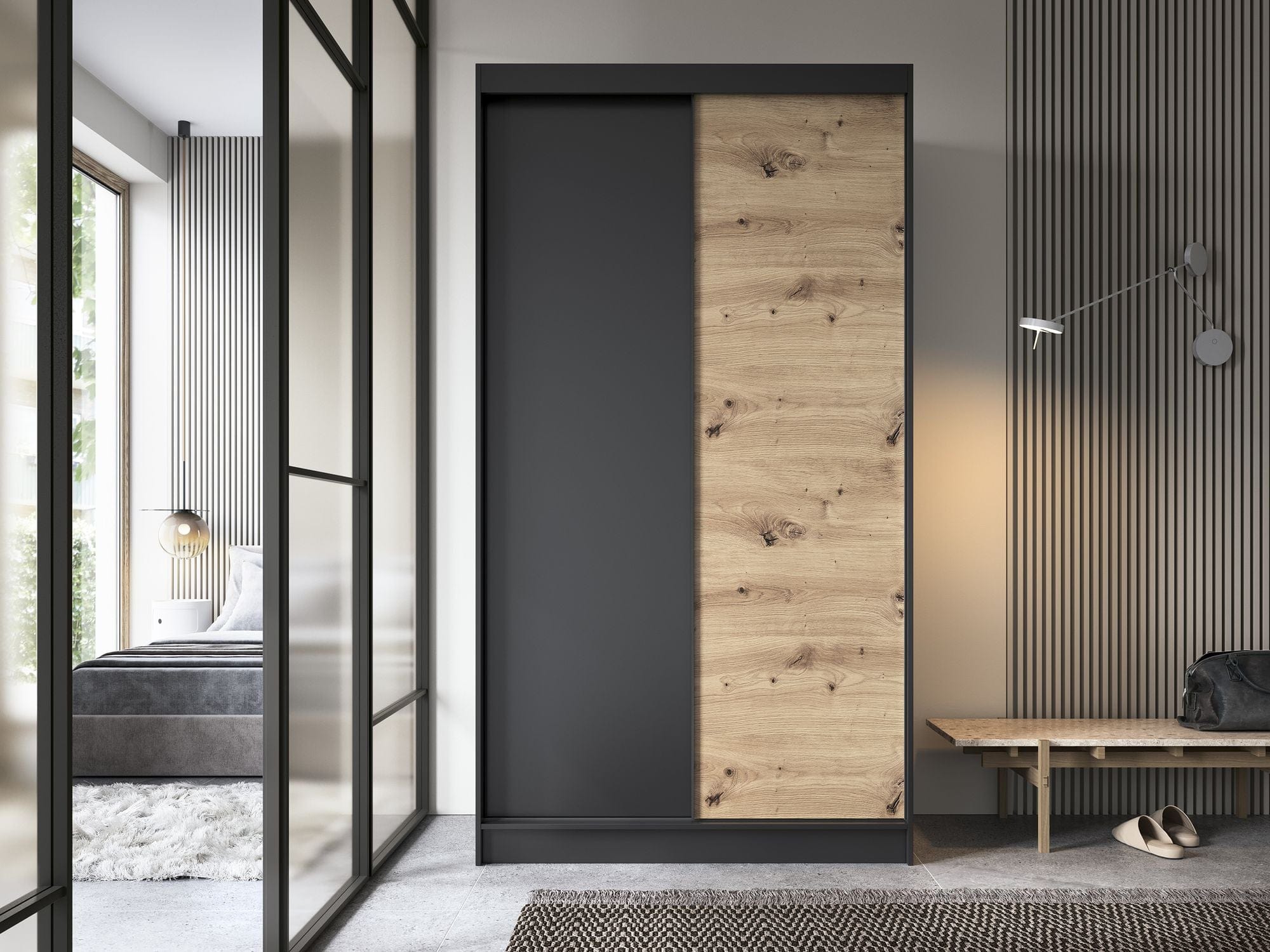 Eltap Dulap din MDF, cu 2 usi glisante, Esville II Stejar / Negru, l120xA60xH220 cm