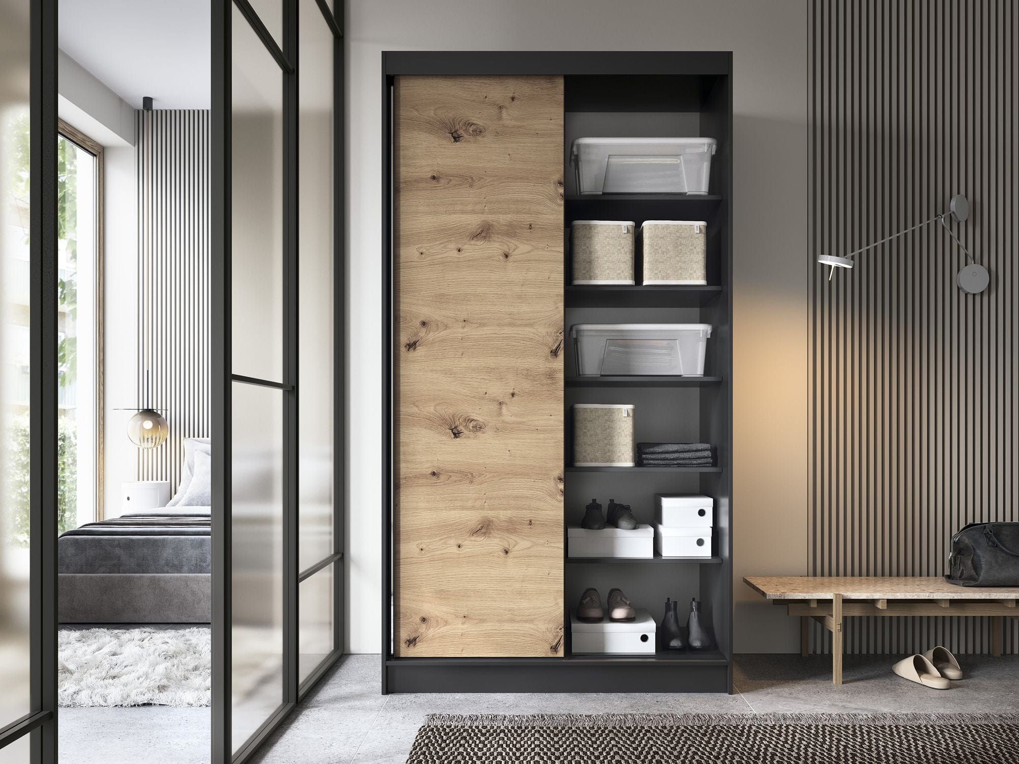 Eltap Dulap din MDF, cu 2 usi glisante, Esville II Stejar / Negru, l120xA60xH220 cm