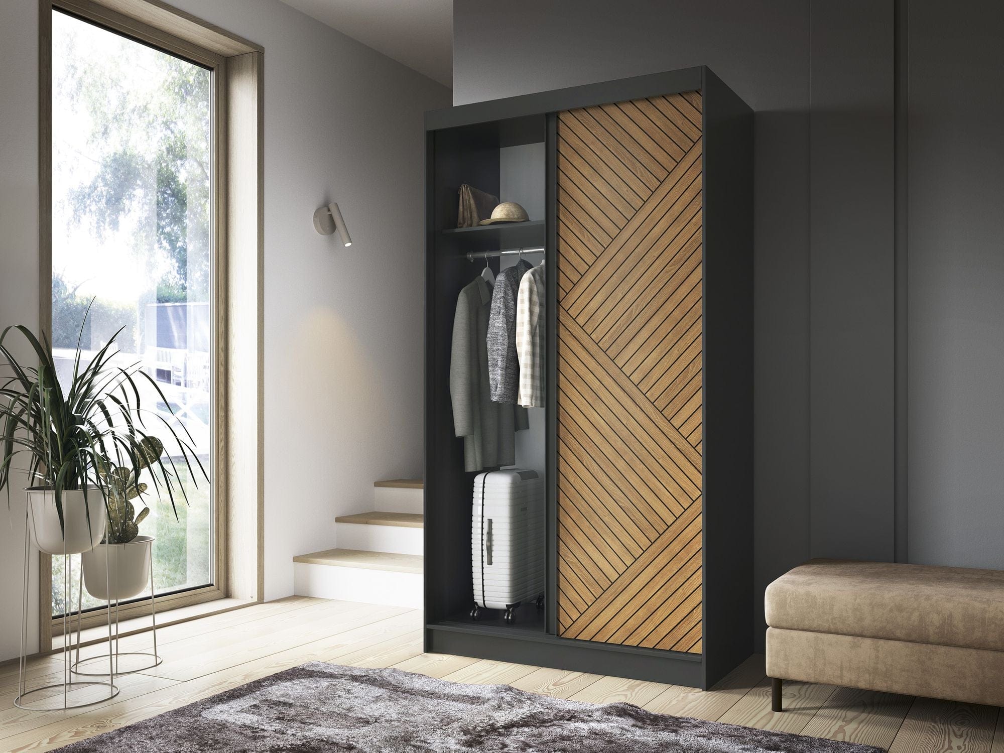 Eltap Dulap din MDF, cu 2 usi glisante, Marrphy II Stejar / Negru, l120xA60xH220 cm