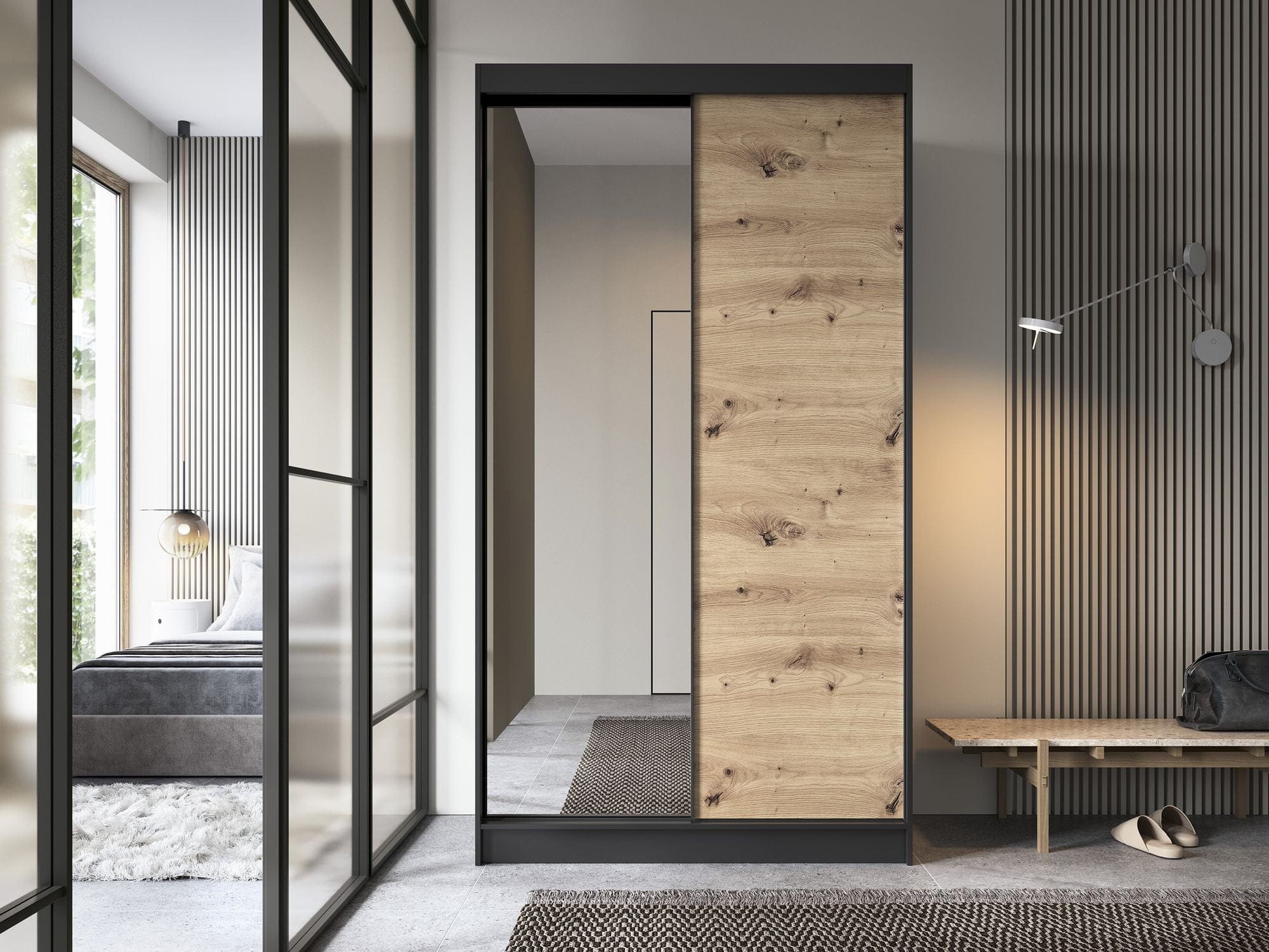 Eltap Dulap din MDF, cu 2 usi glisante si oglinda, Esville II Stejar / Negru, l120xA60xH220 cm