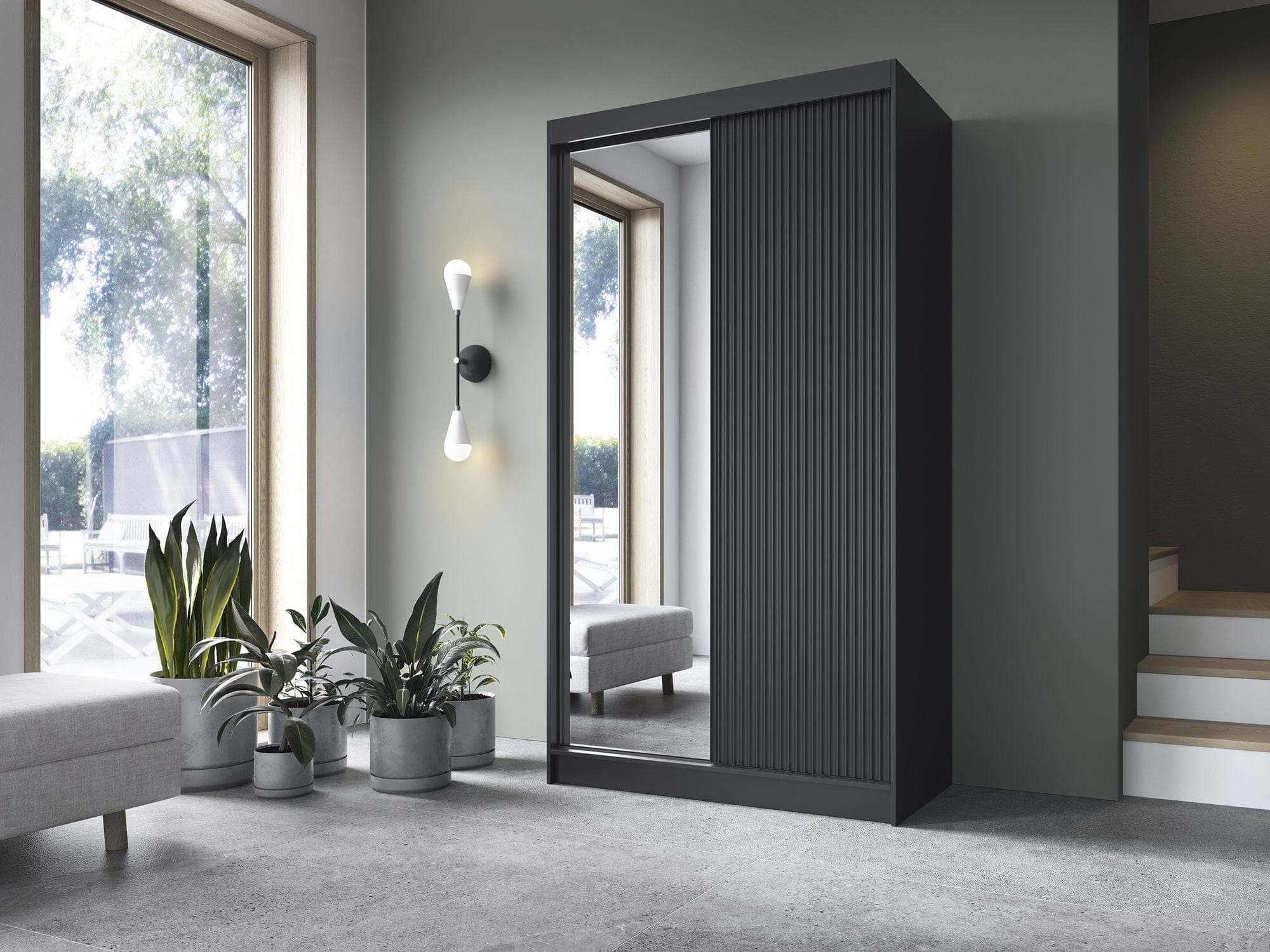 Eltap Dulap din MDF, cu 2 usi glisante si oglinda, Prescco II Negru, l120xA60xH220 cm