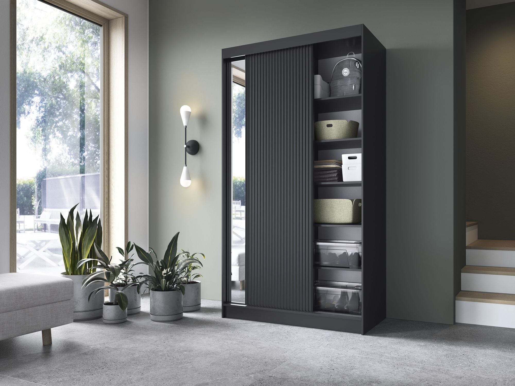 Eltap Dulap din MDF, cu 2 usi glisante si oglinda, Prescco II Negru, l120xA60xH220 cm