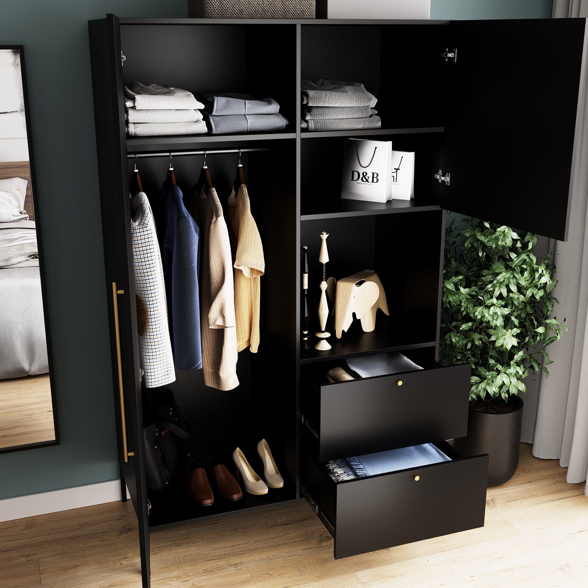 Eltap Dulap din MDF, cu 2 usi si 2 sertare, Lanzzi Negru / Auriu, l120xA60xH200 cm