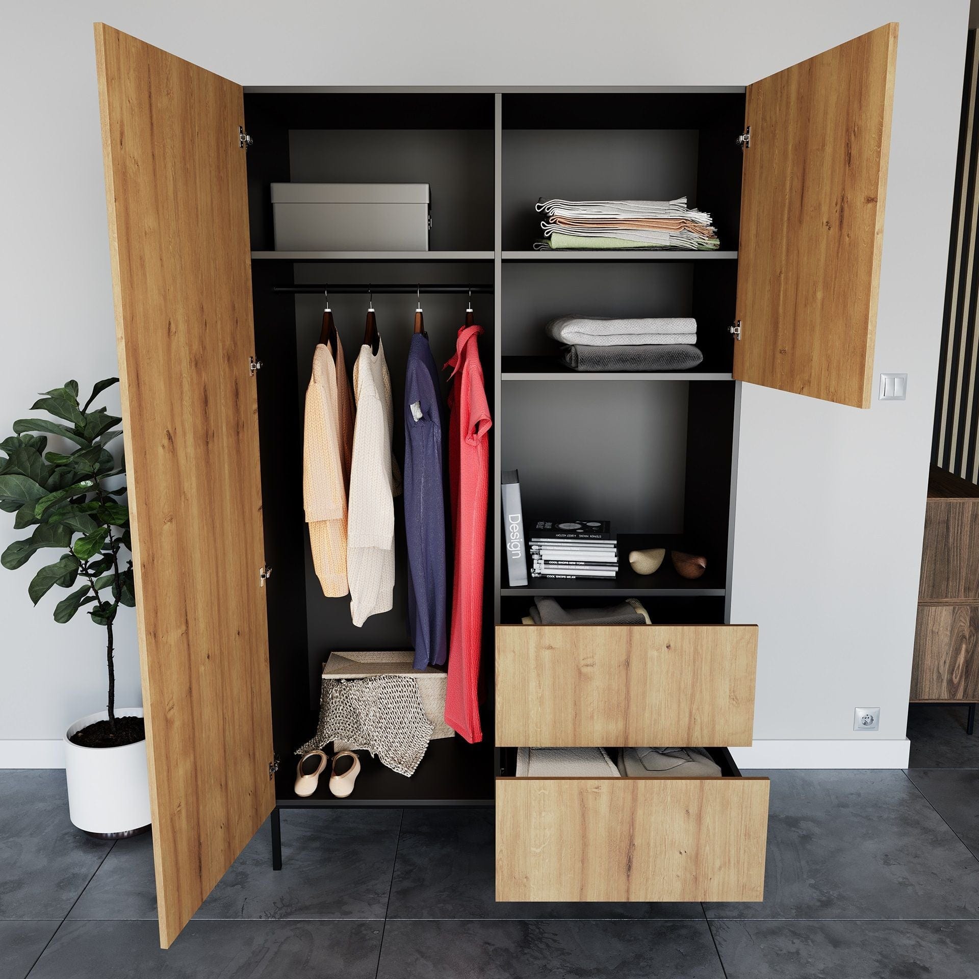 Eltap Dulap din MDF, cu 2 usi si 2 sertare, Lanzzi Stejar / Negru, l120xA60xH200 cm